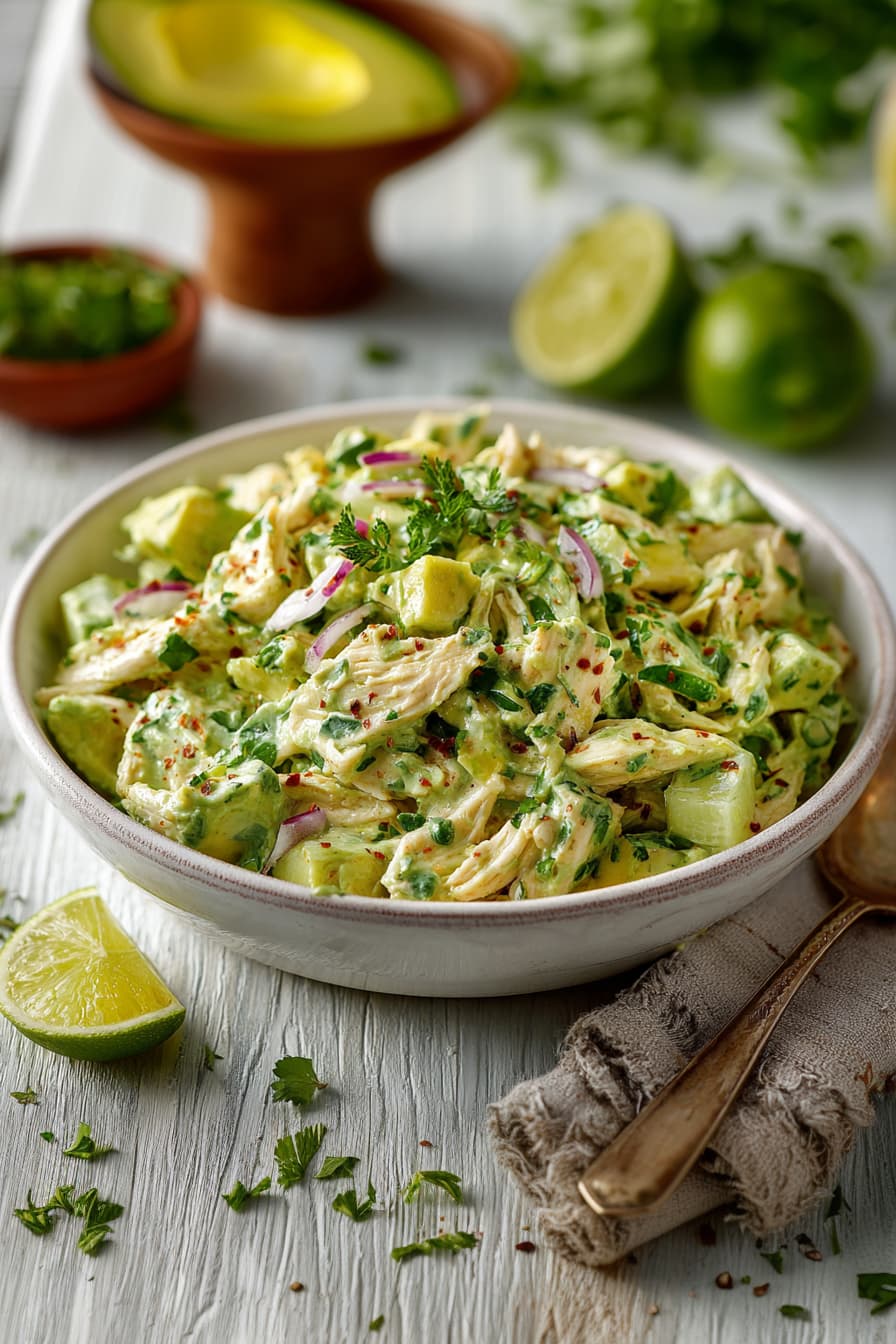 Avocado Chicken Salad with shredded chicken, avocado dressing, red onion, and celery in a white bowl with lime on the side.