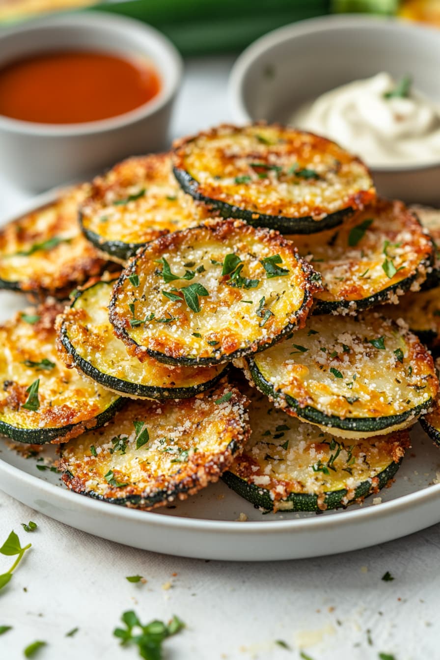 Baked parmesan zucchini on a plate, crispy and golden with fresh herb garnish