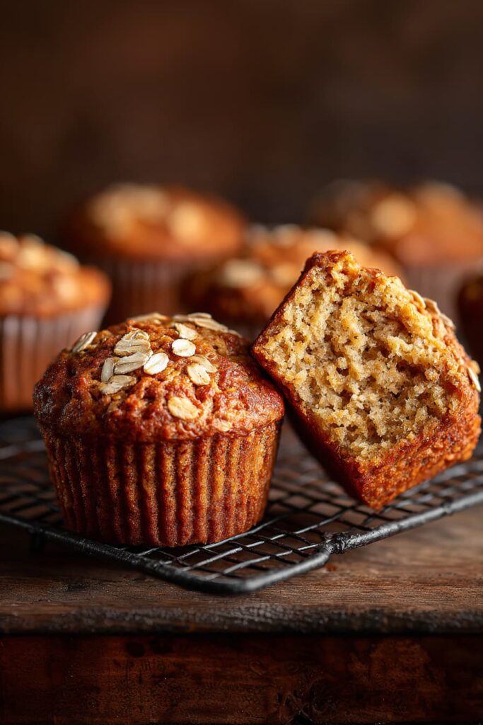 Healthy banana oatmeal muffins stacked on a cooling rack, soft and golden with oats on top.