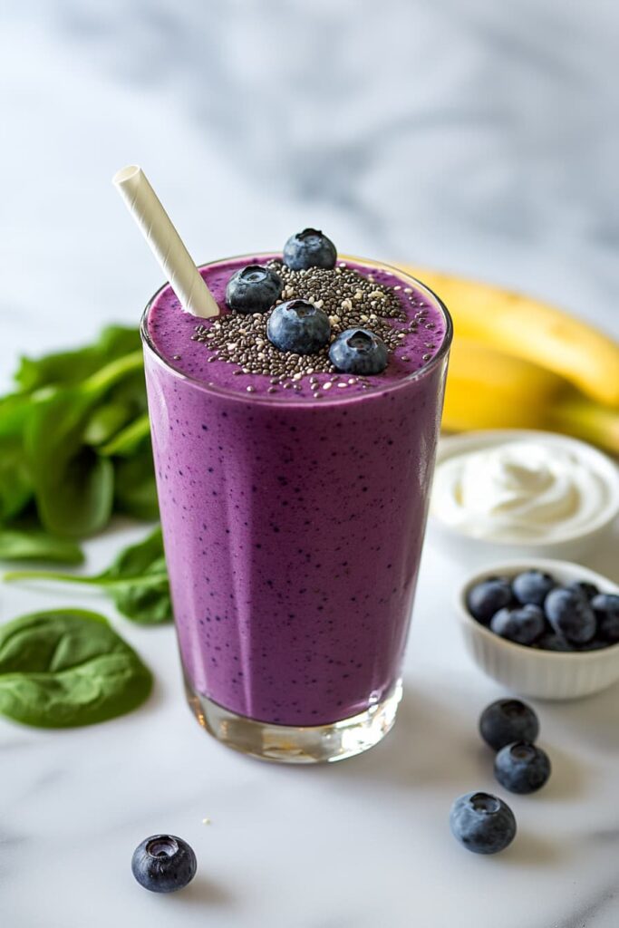 Blueberry spinach antioxidant smoothie in a tall glass topped with chia seeds, surrounded by fresh ingredients on a white countertop.
