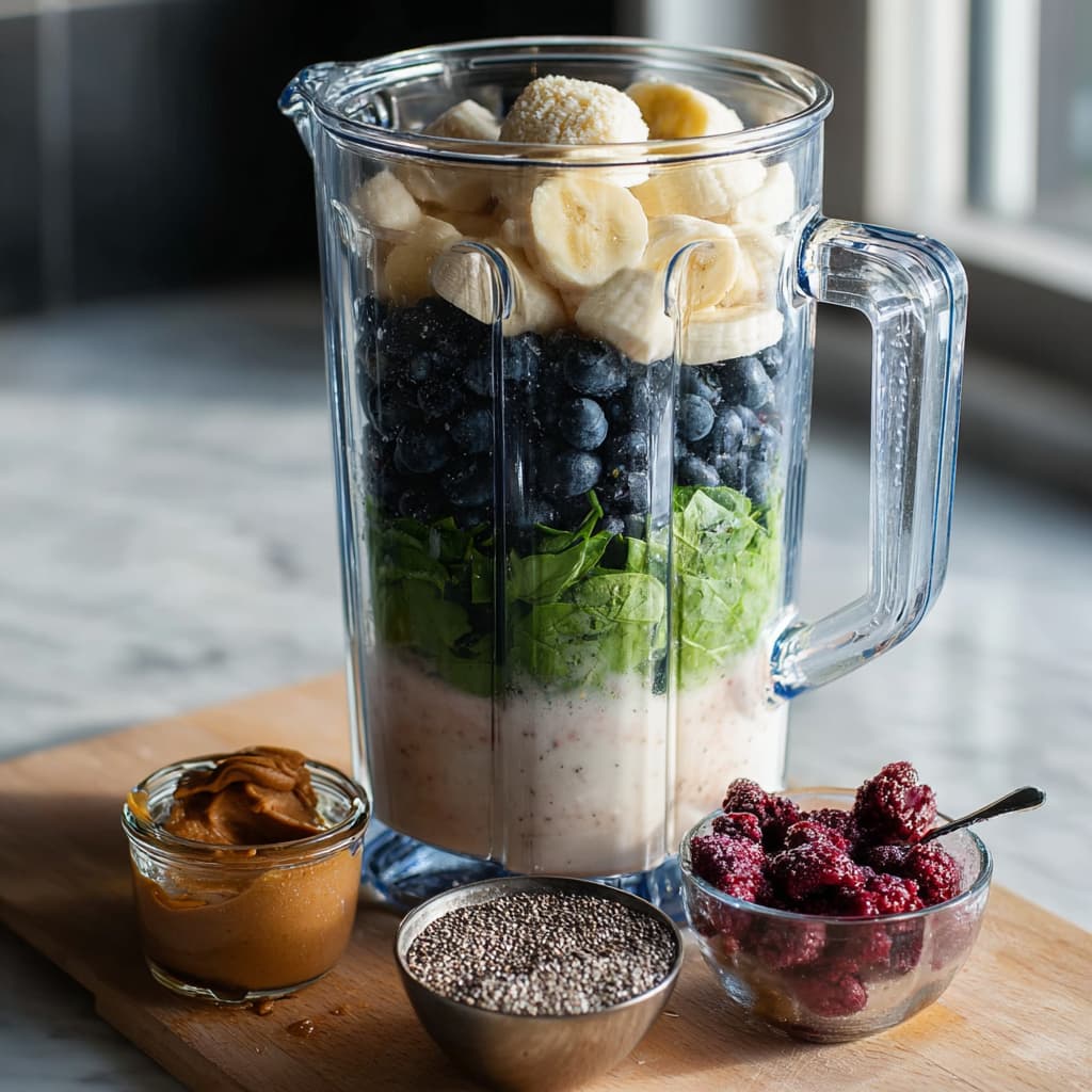Blender two-thirds full with almond milk, Greek yogurt, spinach, blueberries, banana, chia seeds, and cinnamon layered inside; almond butter and honey on the side.