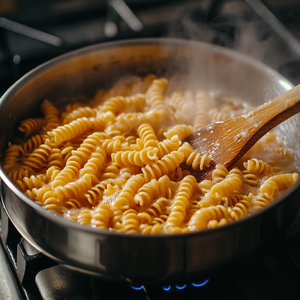 Chickpea pasta boiling in a pot on the stove, stirred with a wooden spoon.