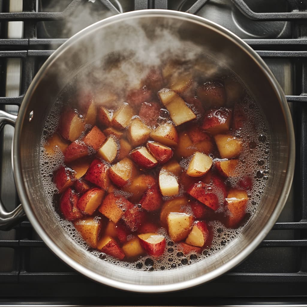 Diced red potatoes boiling in salted water on a stovetop.