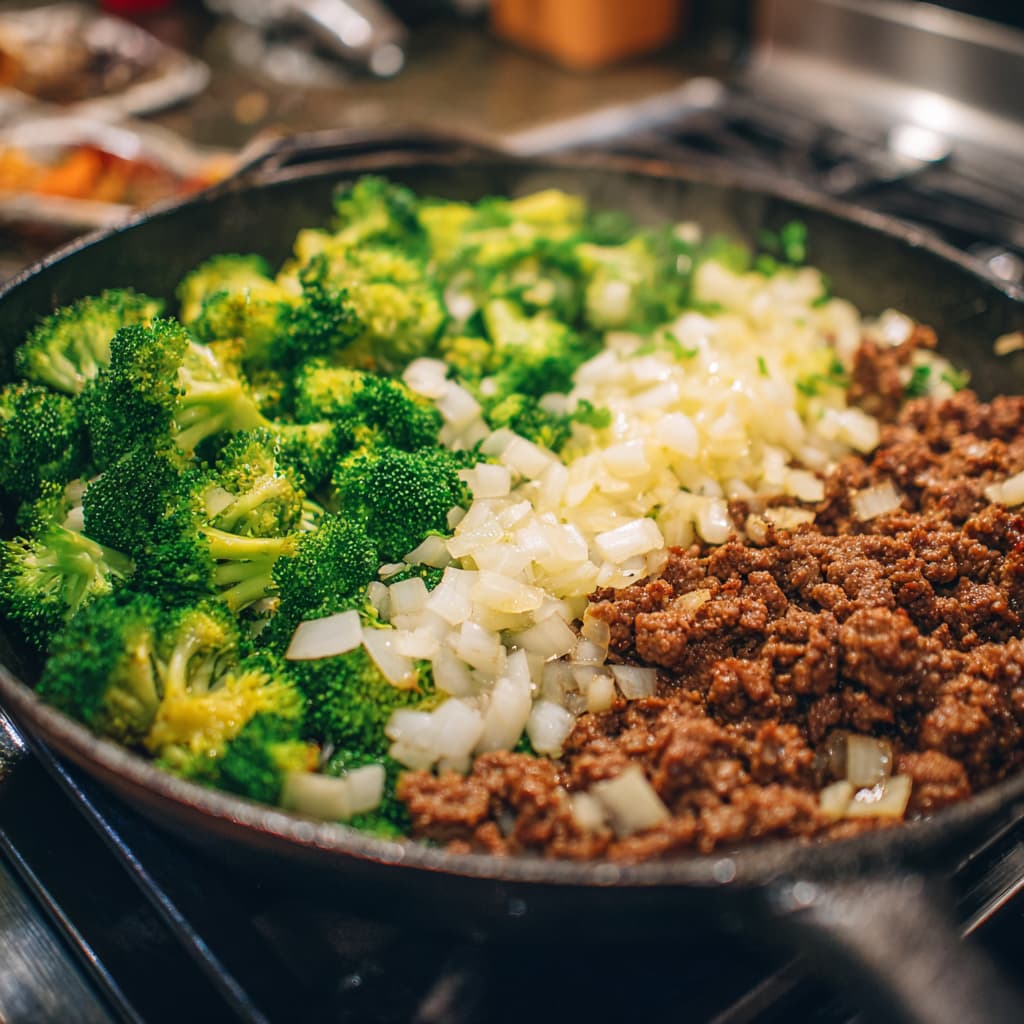 Ground beef browning in a skillet beside sautéed broccoli and onions.