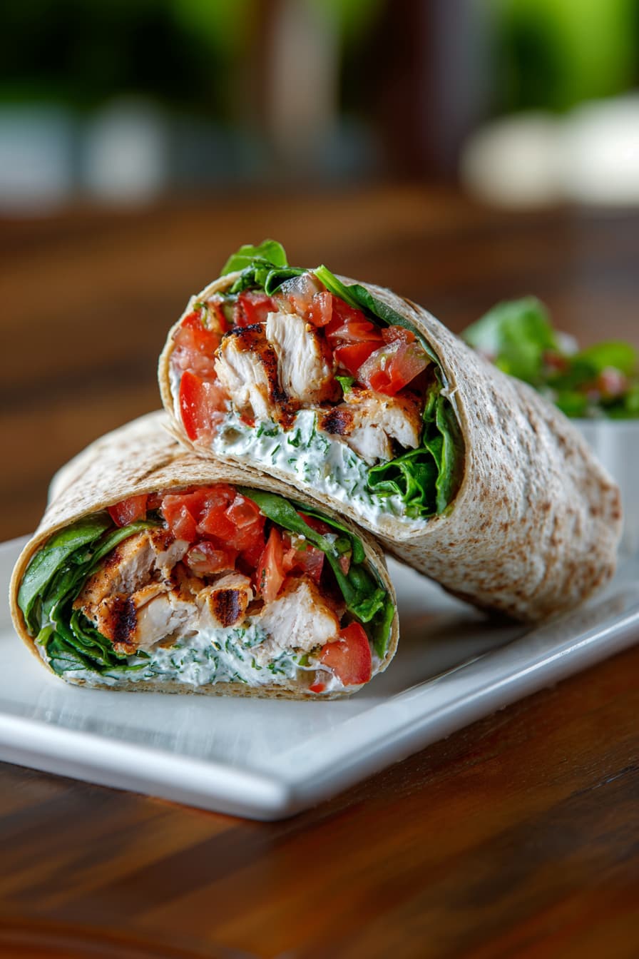Healthy Bruschetta Chicken Wrap with grilled chicken, tomato basil topping, and greens inside a whole wheat wrap.