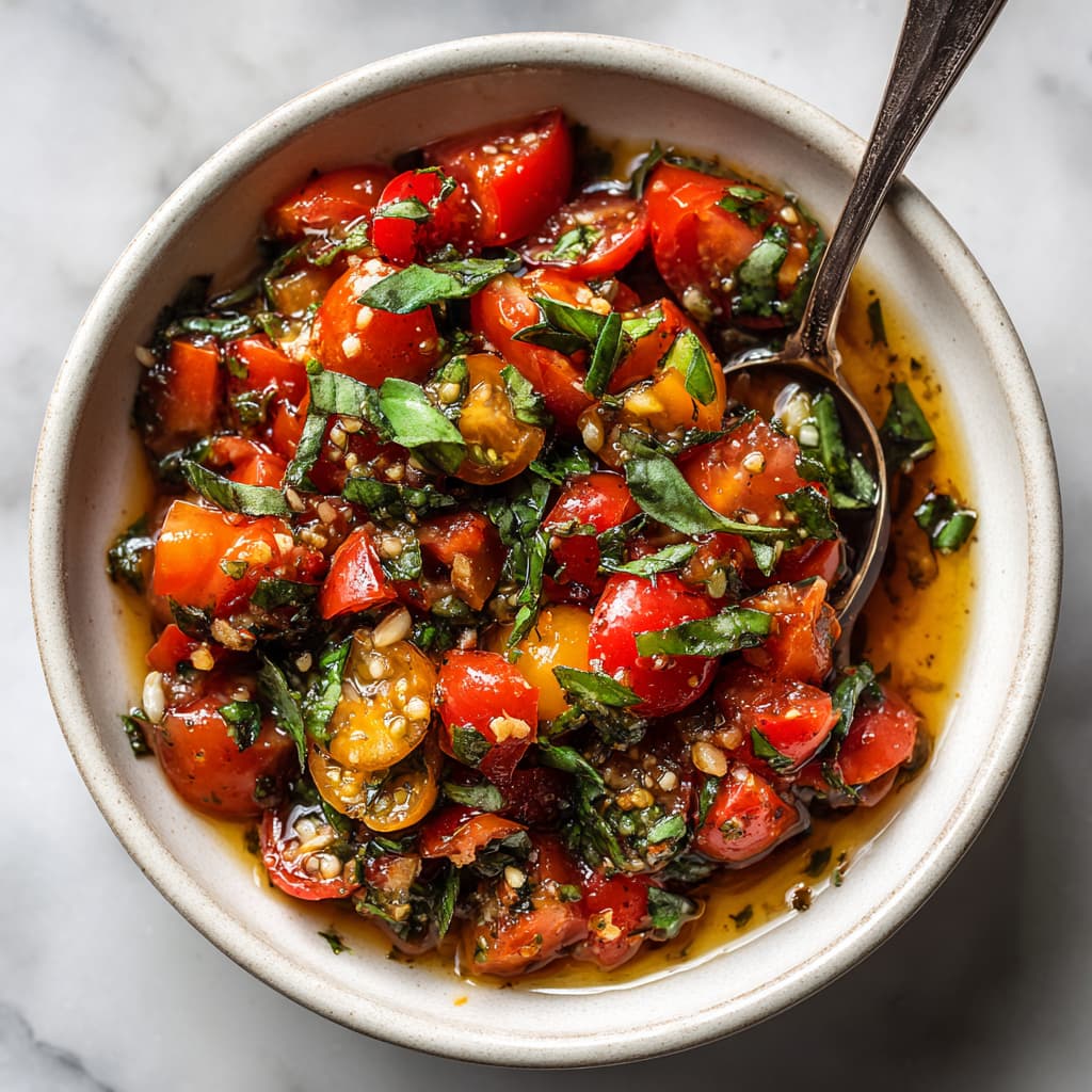 Bowl of fresh bruschetta topping made with cherry tomatoes, basil, garlic, and balsamic.