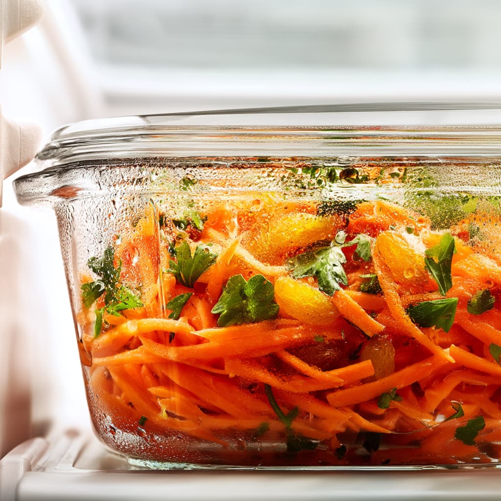 Prepared carrot salad with raisins stored in a glass container in the fridge to allow flavors to develop