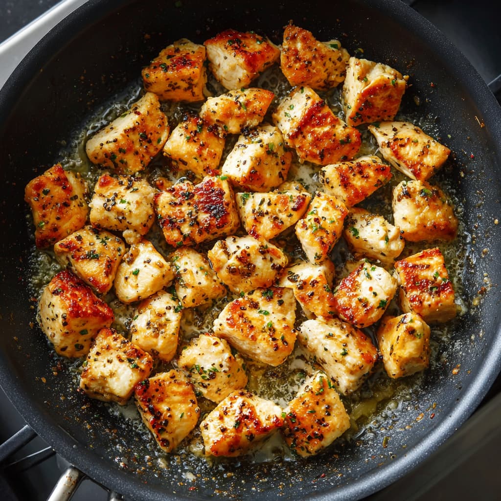 Diced chicken breast cooking in a skillet for pineapple stir-fry.