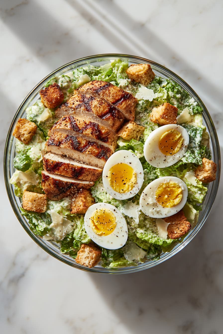 High protein grilled chicken Caesar salad served in a glass bowl with Greek yogurt dressing