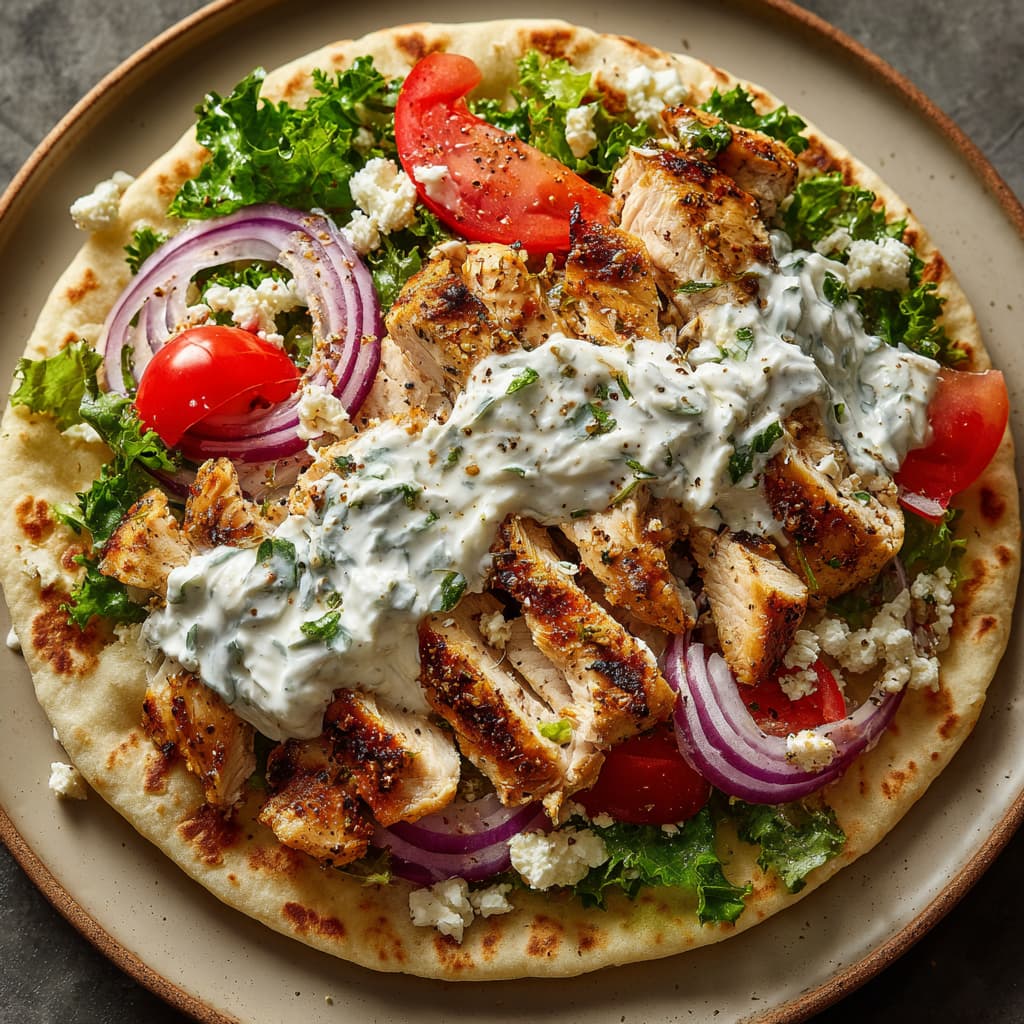 Grilled chicken gyro being assembled on a warm pita with sliced chicken, tomatoes, red onion, kale, feta, and a layer of tzatziki sauce on top.