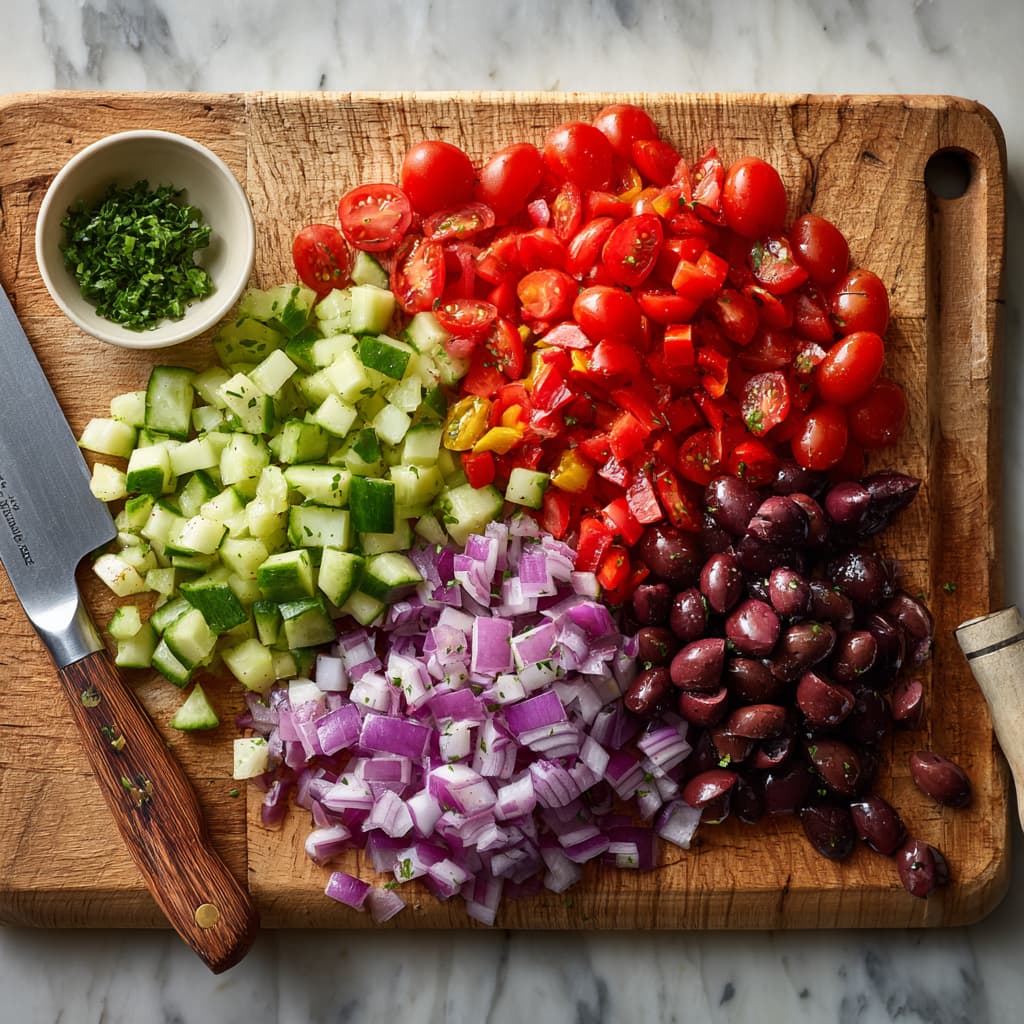 Fresh vegetables being chopped for Italian pasta salad