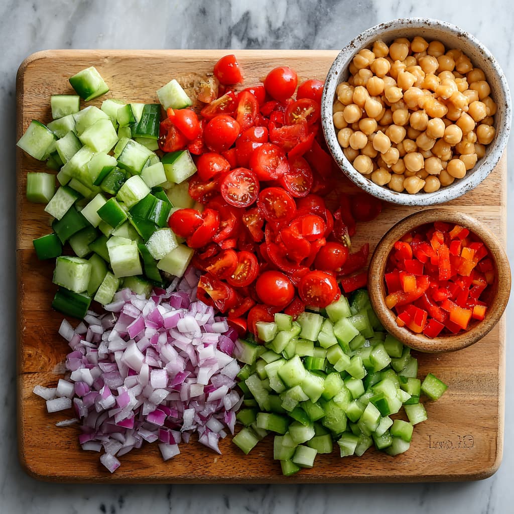 Chopped vegetables and chickpeas prepared for quinoa salad
