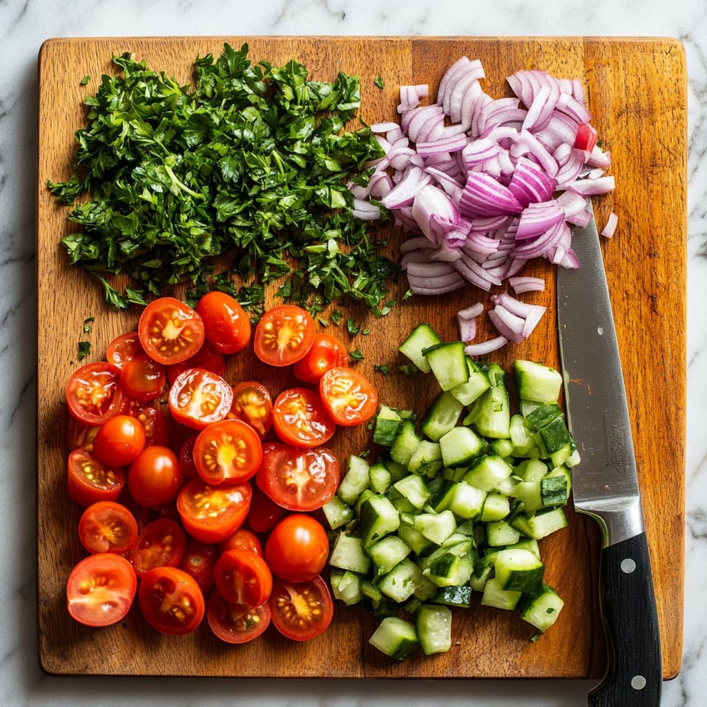 Chopping tomatoes, cucumber, red onion, and parsley for pasta salad.