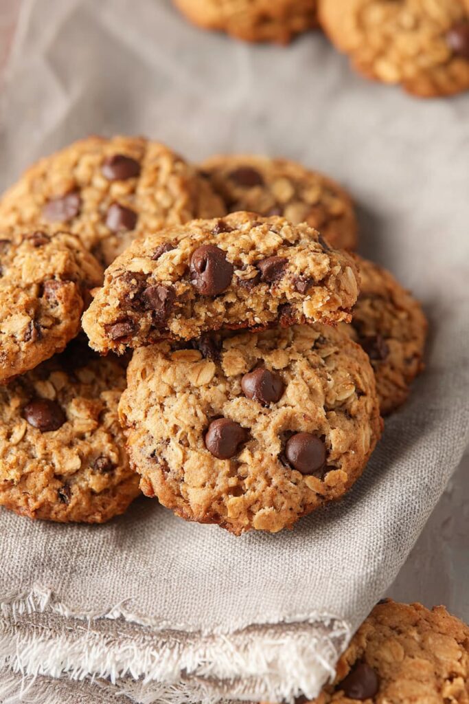 Close-up of a broken peanut butter oatmeal cookie showing soft chewy texture