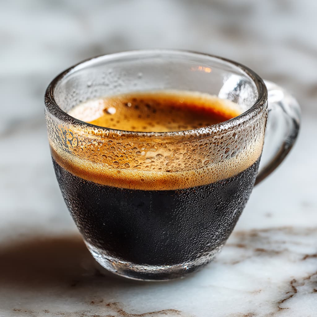 Freshly brewed coffee chilling in a glass cup inside the fridge for cold brew smoothie prep