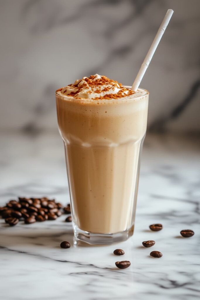 Creamy cold brew coffee smoothie with cinnamon and almond butter served in a tall glass