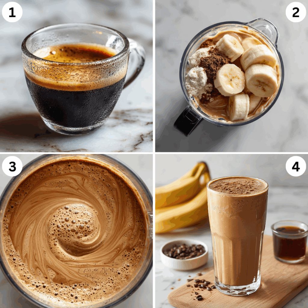 Step-by-step collage for making a high protein cold brew smoothie with banana, almond butter, and coffee; includes brewing coffee, blending ingredients, and serving the creamy smoothie.