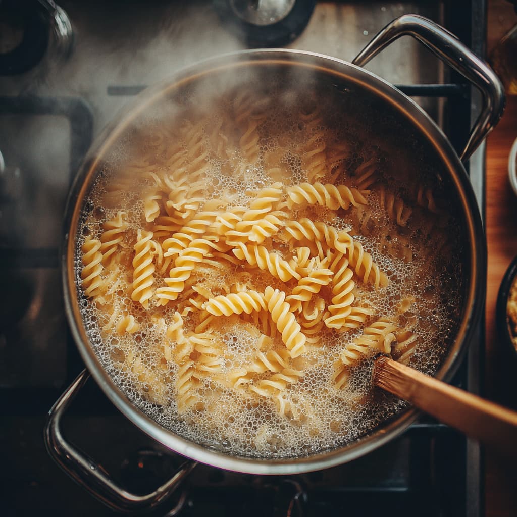Chickpea pasta cooking in boiling water in a stainless steel pot