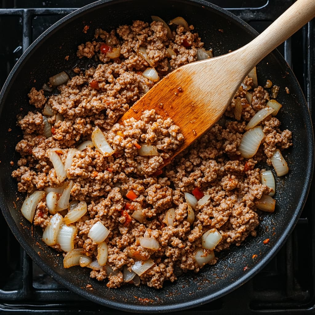 Ground turkey cooking in a skillet with seasoning and onions.