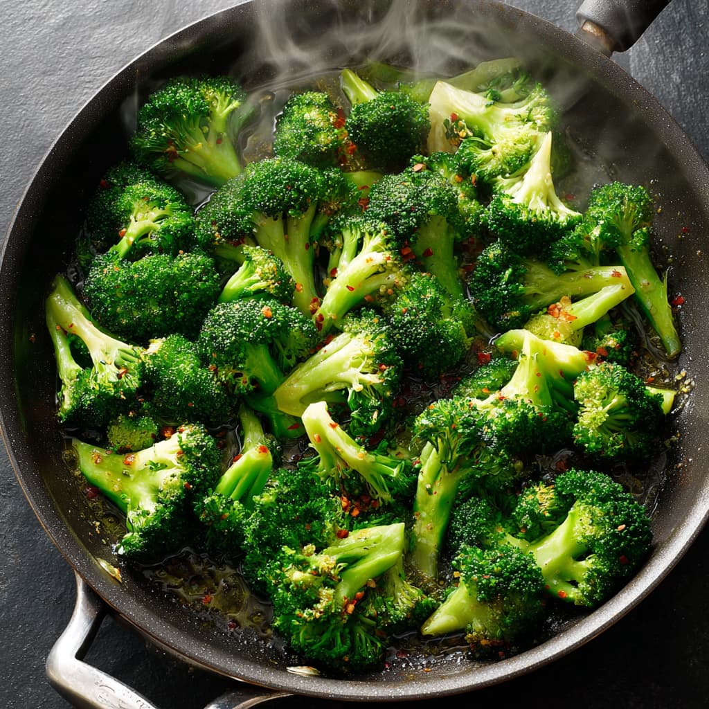 Broccoli florets sautéing in a skillet with olive oil.