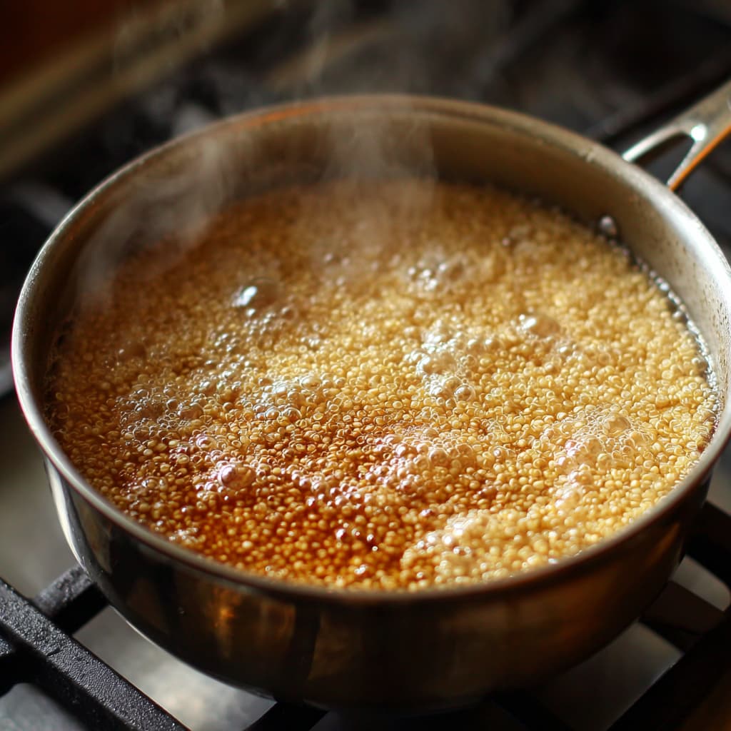 Cooking quinoa in a saucepan on stovetop until water is absorbed