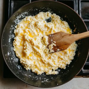 Soft scrambled eggs cooking in a non-stick skillet being stirred with a spatula.
