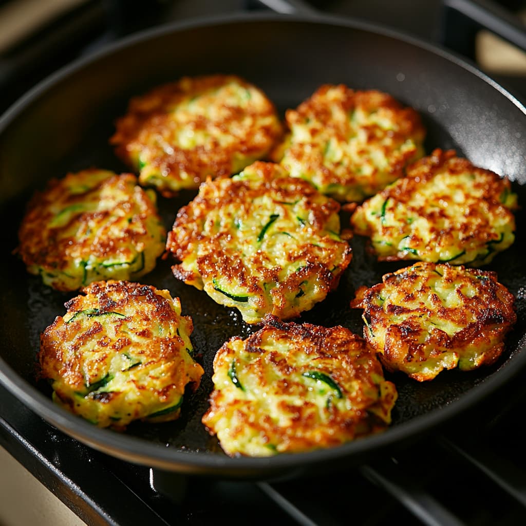 Zucchini fritters frying in a pan, being flipped for even cooking.