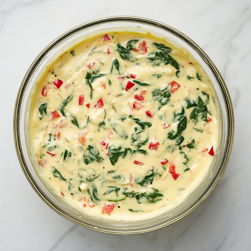 Mixed cottage cheese egg bite batter in a bowl with spinach, red bell pepper, and light flecks of pepper and paprika before filling the muffin tin.