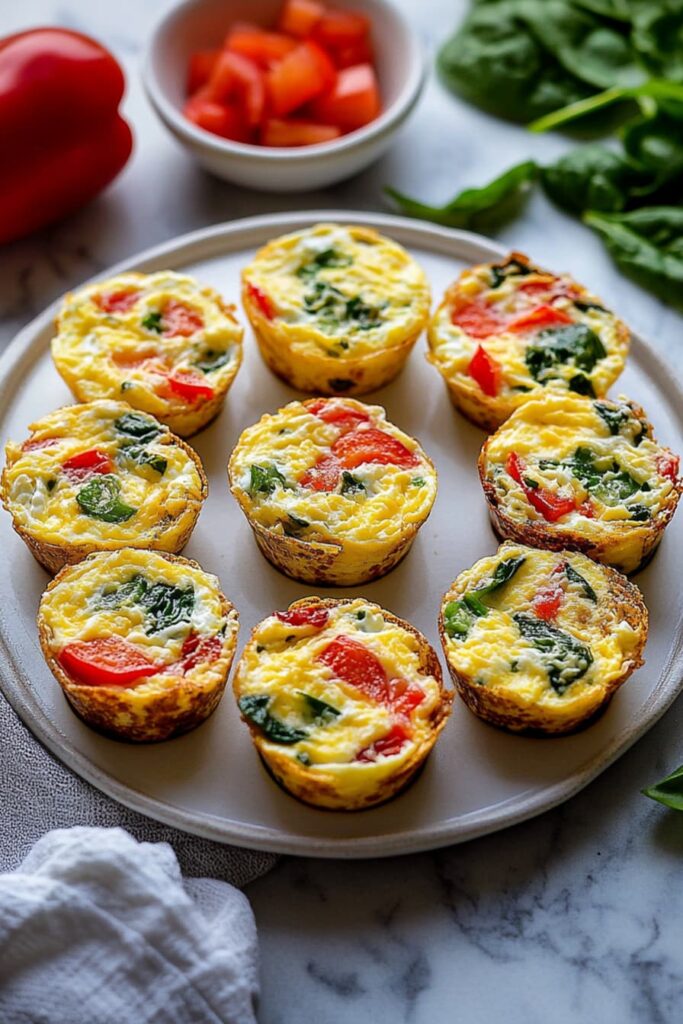 Cottage cheese egg bites in a muffin tray with eggs, spinach, red pepper, and turkey bacon on the side