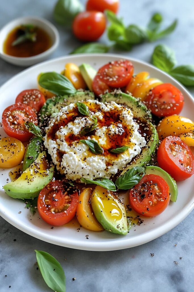 Cottage cheese summer caprese salad with tomatoes, avocado, basil, and balsamic glaze on a white plate.