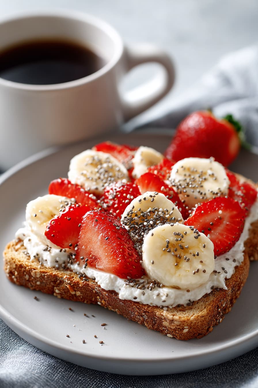 Cottage cheese and whole grain toast topped with banana, strawberries, and chia seeds on a breakfast plate