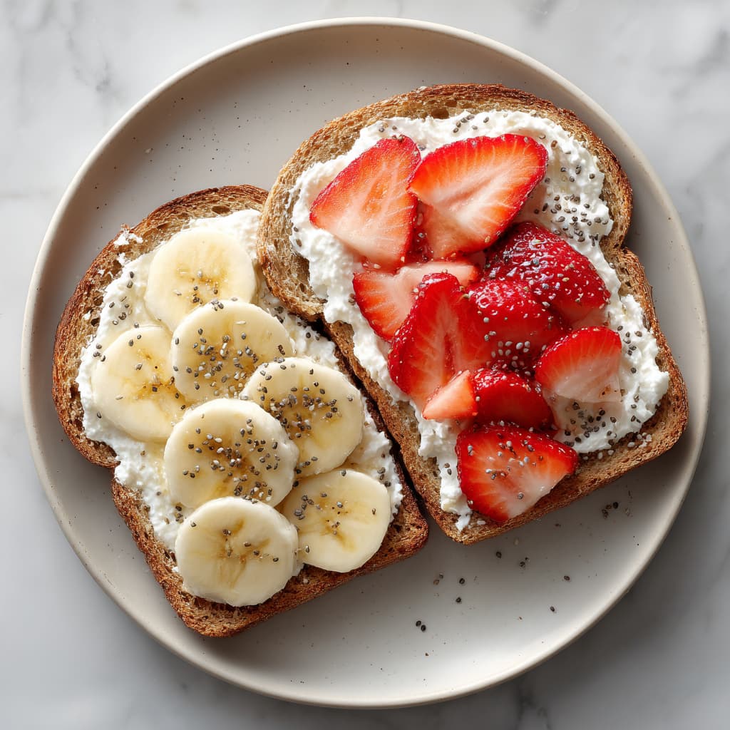 Cottage cheese fruit toast topped with banana, strawberry and chia seeds