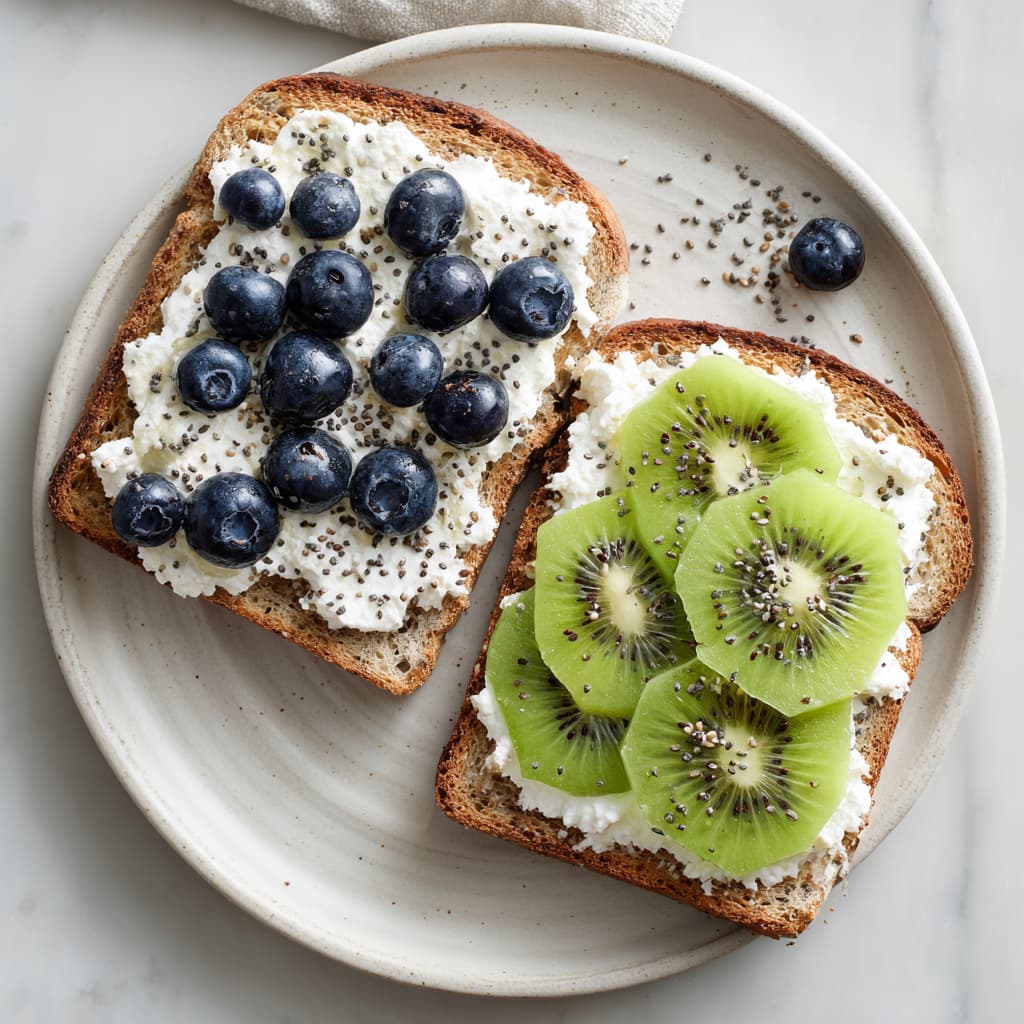 Cottage cheese fruit toast topped with kiwi, blueberries and chia seeds