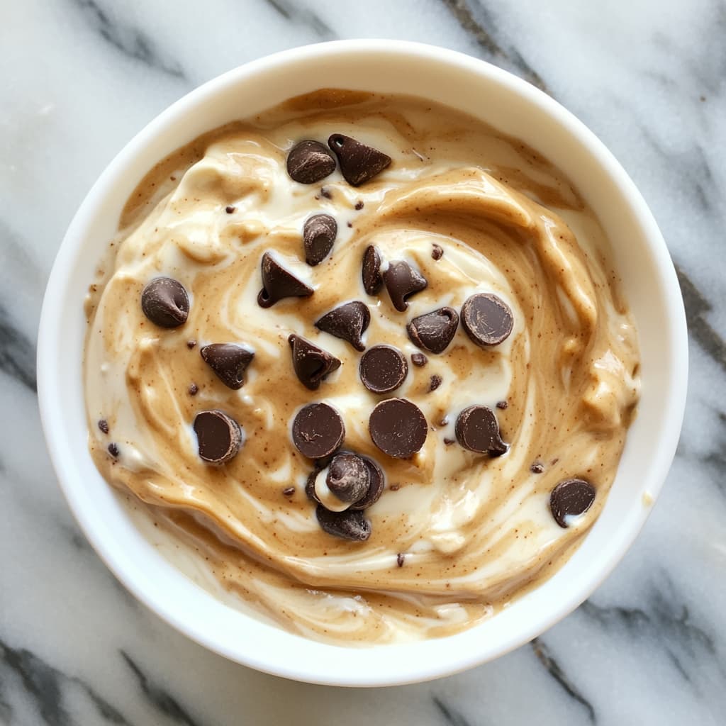 Dark chocolate chips sprinkled on Greek yogurt peanut butter bowl