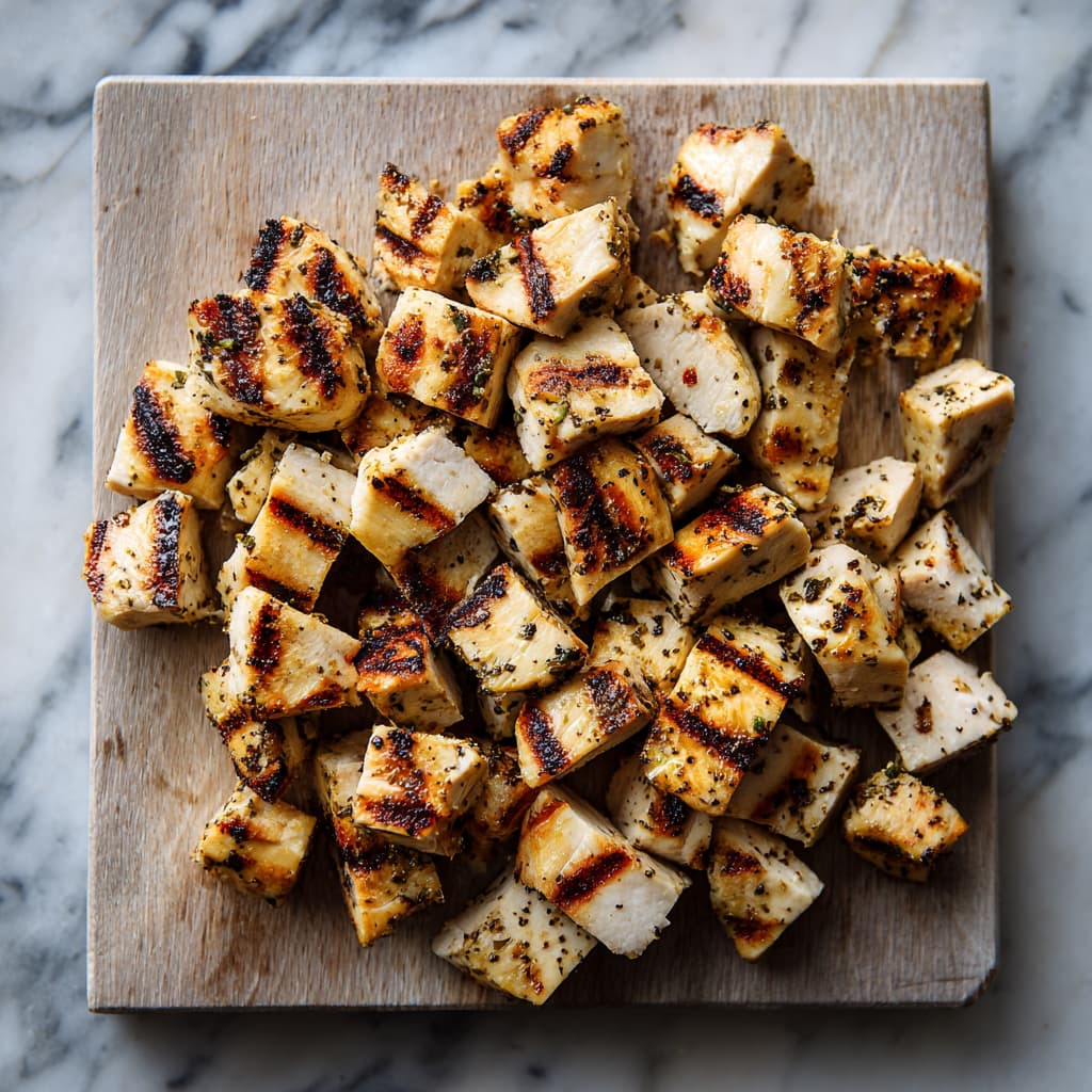 Grilled chicken being diced on a wooden board for high-protein salad