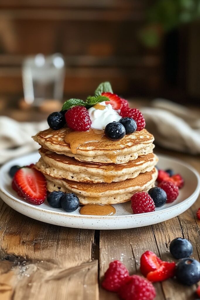 Stack of egg white and oatmeal pancakes topped with Greek yogurt, berries, and almond butter on a white plate