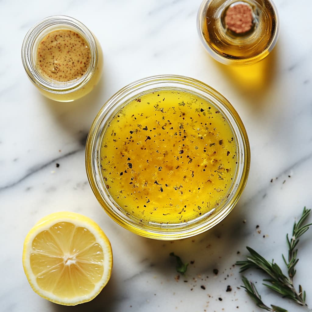 Whisking lemon herb vinaigrette in a small bowl for pasta salad.