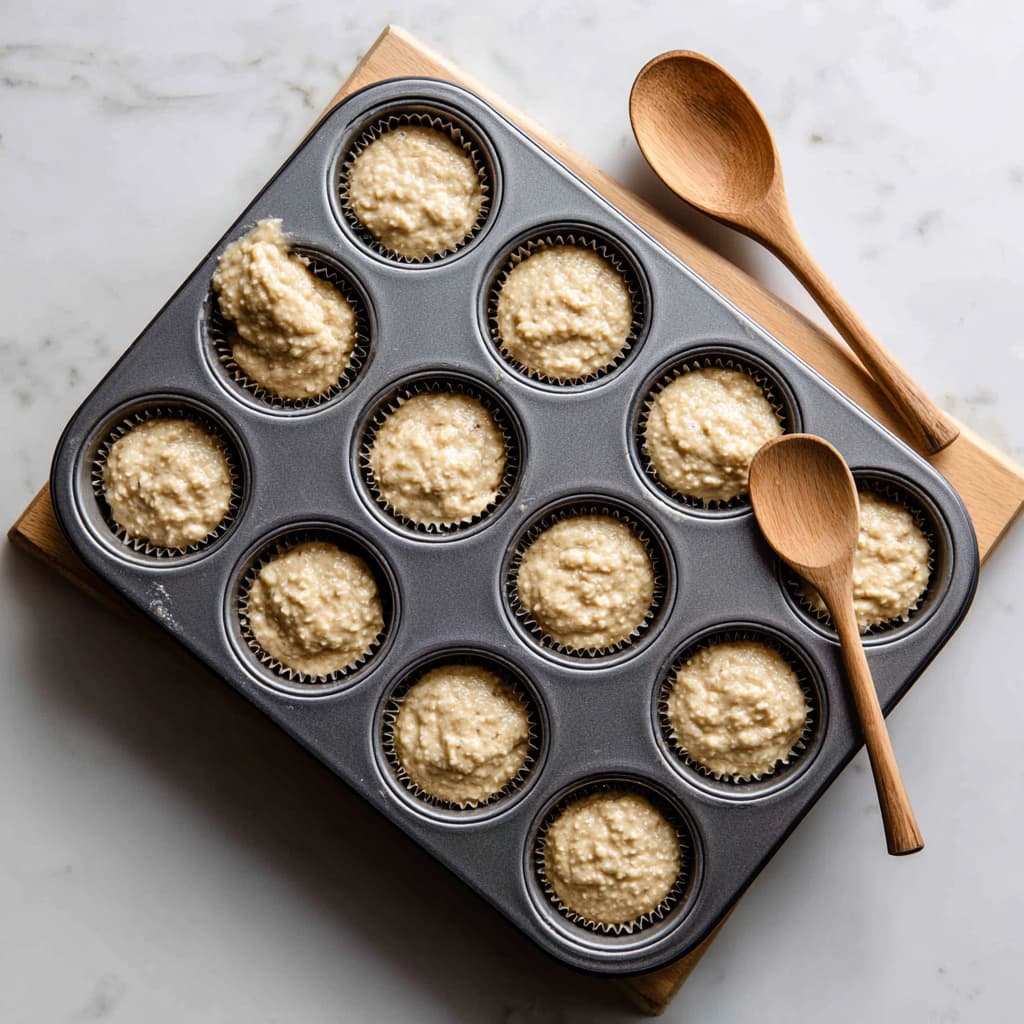 Filling muffin cups with banana oatmeal batter before baking.