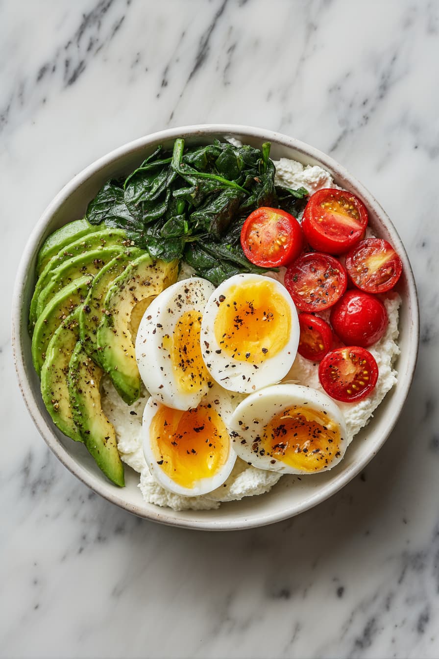 Finished savory cottage cheese egg bowl seasoned and ready to eat
