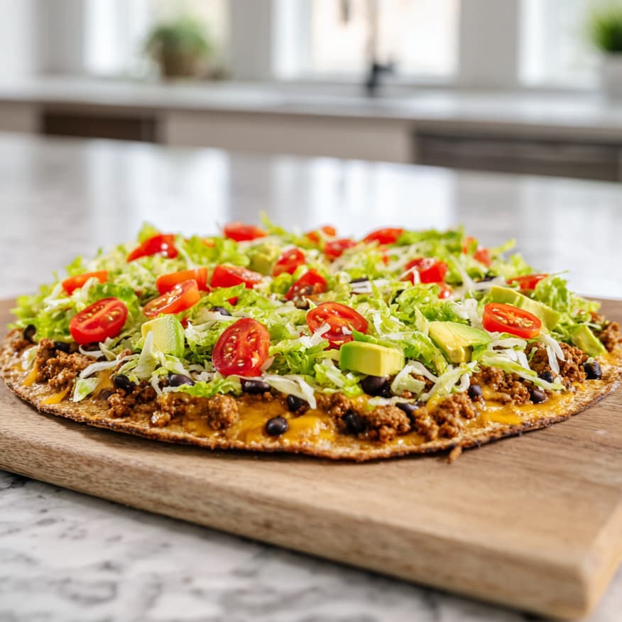 side shot of flatbread taco pizza on the ktichen counter