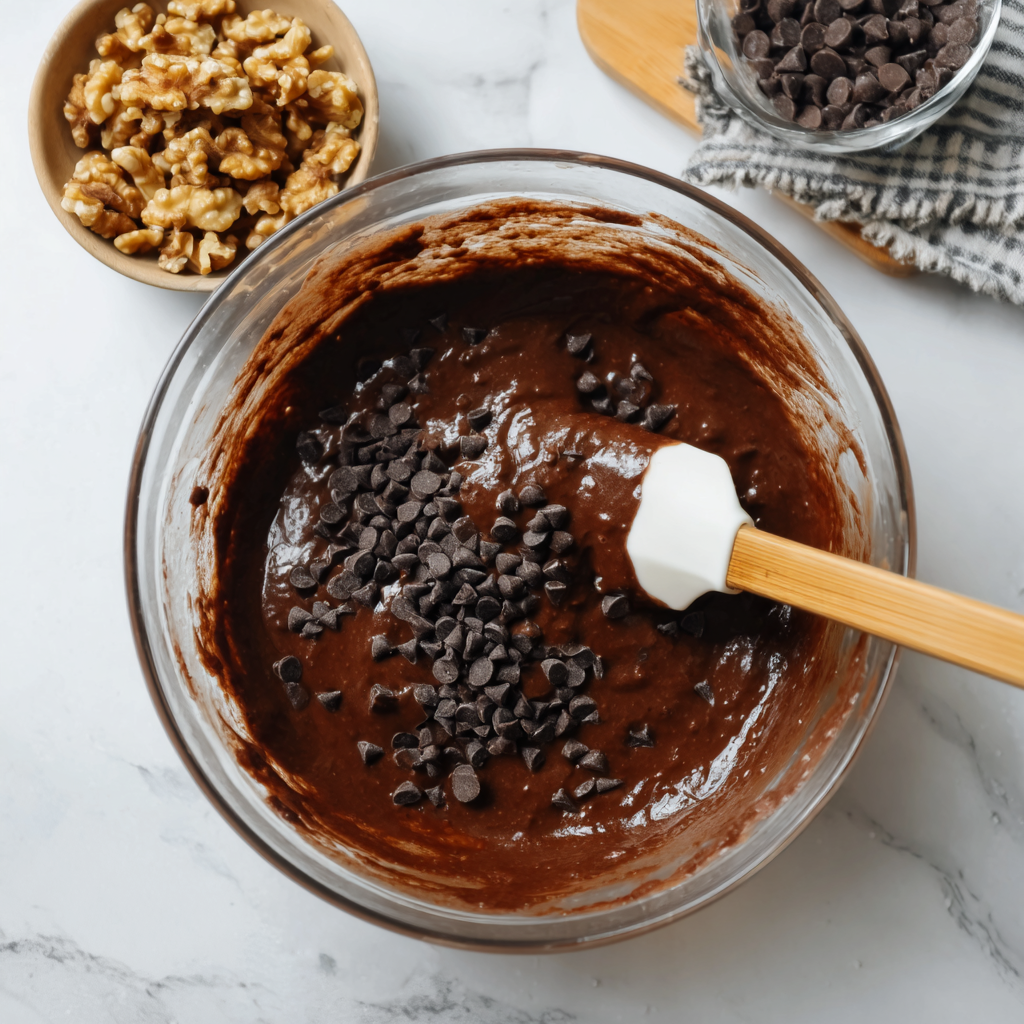 Folding dark chocolate chips into banana brownie batter