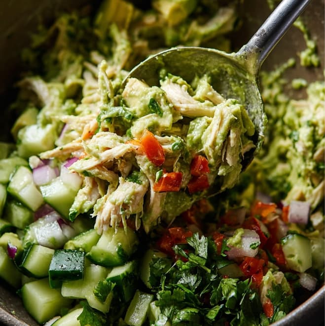 Folding shredded chicken into avocado and vegetable mixture