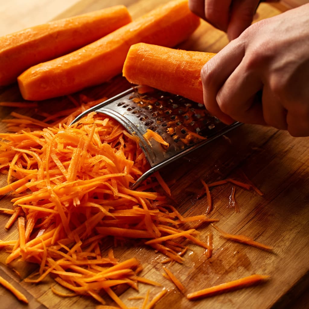 Fresh carrots being grated into long thin shreds using a box grater on a wooden cutting board with natural lighting