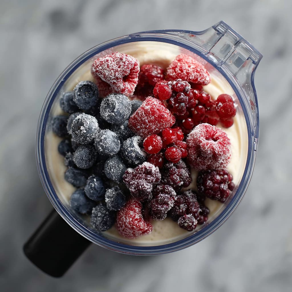 Blender with Greek yogurt, frozen berries, honey, and vanilla before blending