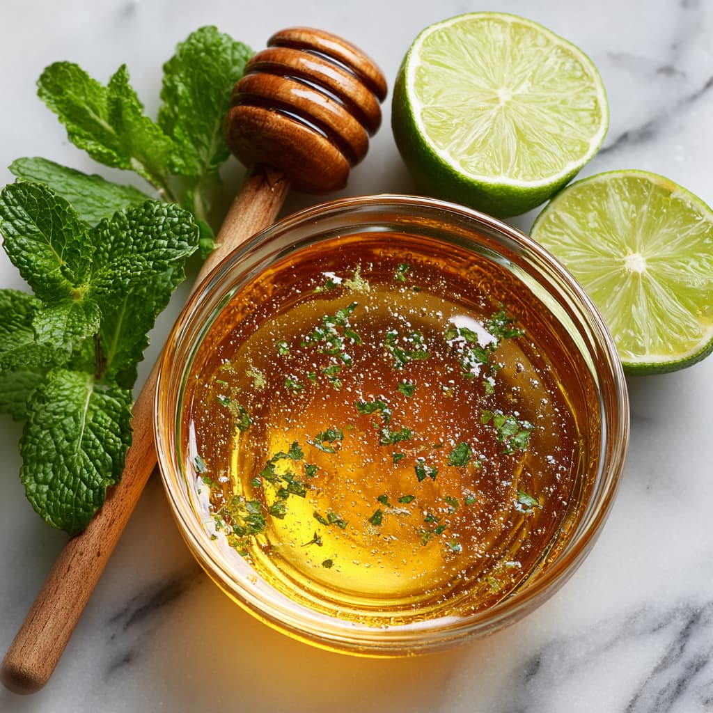 Honey, lime juice, and mint in a bowl for fruit salad dressing.