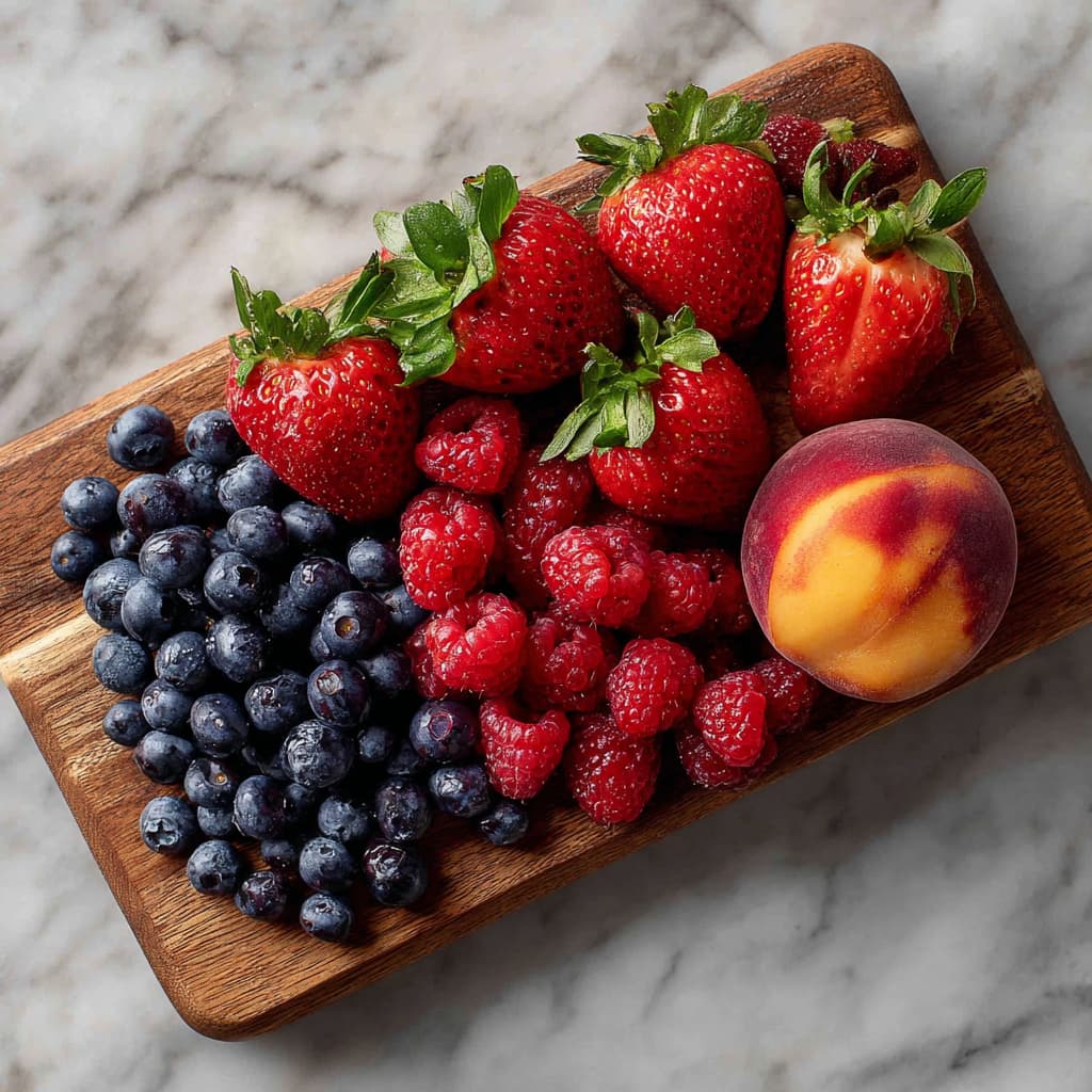 Freshly washed strawberries, blueberries, raspberries and peach on a wooden cutting board.