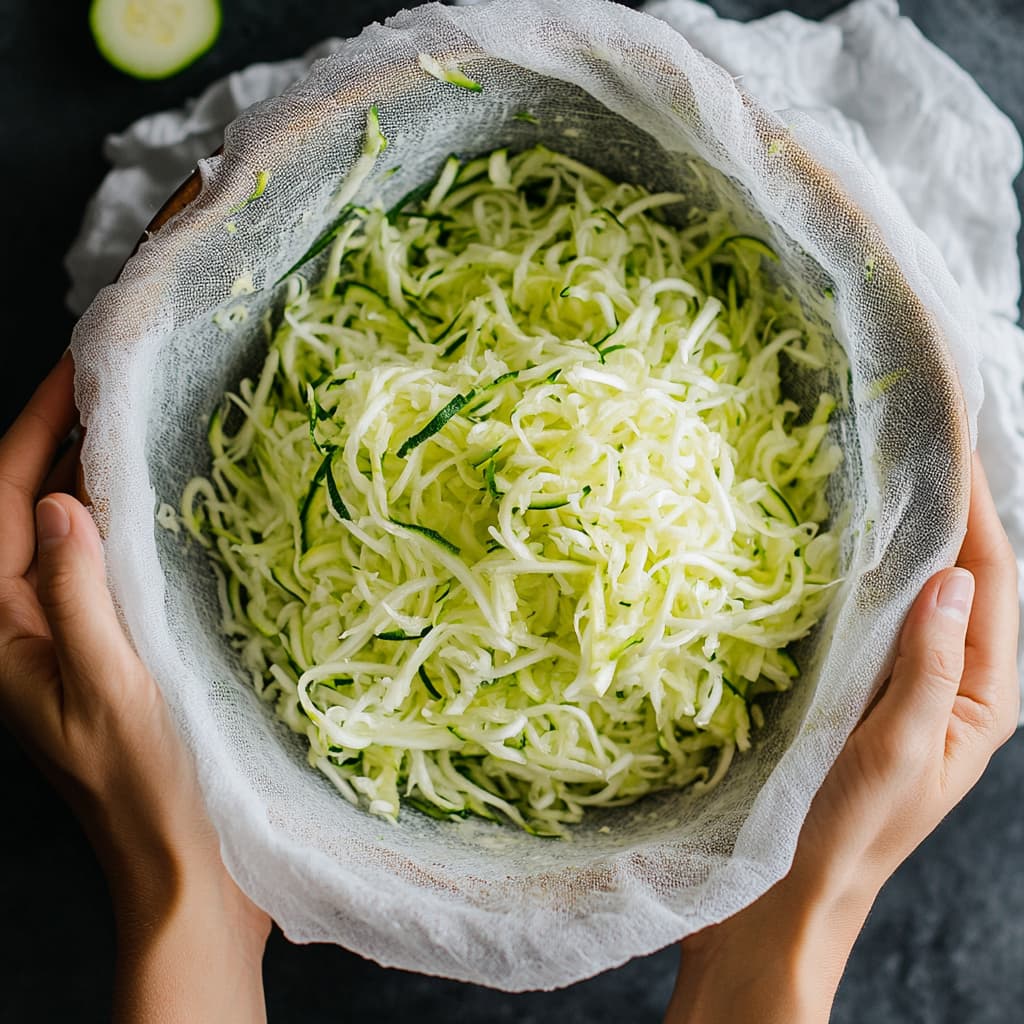 grated zucchini in a bowl with cheesecloth