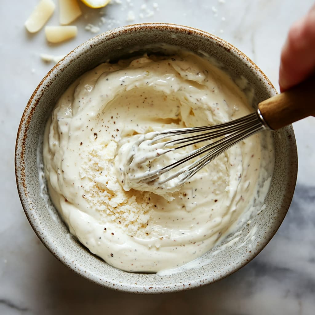 Whisking Greek yogurt, lemon juice, garlic, Dijon mustard, Worcestershire sauce, Parmesan, and olive oil to make Caesar dressing.