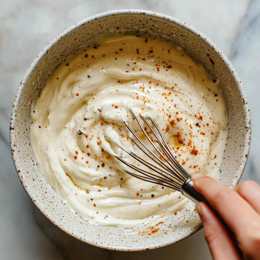 Greek yogurt-based dressing being whisked in a bowl with Dijon mustard and spices.