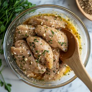 Chicken tenderloins in Greek yogurt marinade with herbs and spices in a glass bowl.